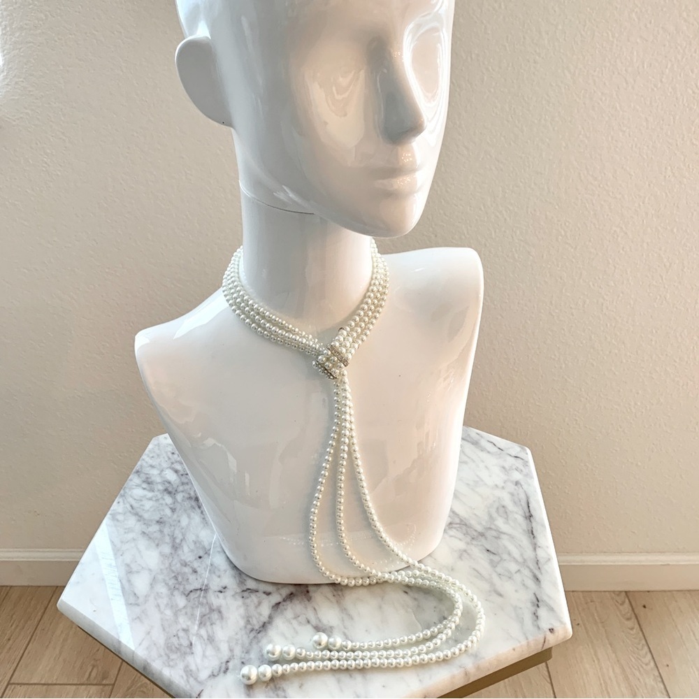 🐚 Triple Strand Glass Pearl Crystals Lariat Choker Statement Necklace - Picture 3 of 7